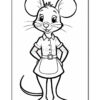 A cartoon mouse character stands confidently with hands on hips, wearing a short-sleeved shirt and a skirt, featuring large ears and a smiling expression.