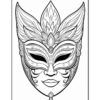 A black and white coloring page featuring an ornate masquerade mask adorned with floral patterns and decorative elements, showcasing stylized features and a symmetrical design.