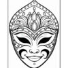 A stylized black outline of a decorative mask, featuring intricate patterns, floral elements, and a smiling expression, suitable for coloring activities.