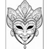 A detailed line drawing of a decorative mask with an exaggerated smile, intricate floral designs on the forehead, and pointed, ornate features resembling a theatrical or carnival mask, set against a plain white background.