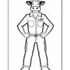 A cartoon cow character standing with hands on hips, wearing a cap and a button-up shirt with the word 'COW' on it, along with pants and boots. The image is outlined and designed for coloring.