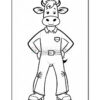 A cartoon cow character standing with hands on hips, wearing a collared shirt and pants, with a friendly expression and a tail.