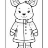 A cartoon-style drawing of a cute animal character, possibly a bunny, wearing a coat and boots, with large ears and a smiling expression. The image is in black and white, designed for coloring.