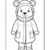 A cartoon bear wearing a winter coat, scarf, and hat, standing upright with a friendly expression. The bear has round ears and is outlined for coloring.