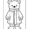 A cartoon-style bear character wearing a coat and scarf, standing upright with a cheerful expression. The bear has round ears, black eyes, and is outlined for coloring.