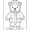 A cartoon polar bear wearing a knitted hat, scarf, and a winter coat with pockets, standing on snow.