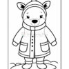 A cartoon bear character wearing a winter coat, hat, and boots, standing in snow. The bear has a friendly expression with large eyes and is depicted in a simple, black and white style suitable for coloring.