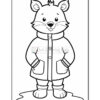A cartoon character of a smiling animal wearing a coat and boots, standing with hands in pockets on a small puddle, in a black and white coloring page style.