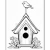 A cartoon-style birdhouse with a slanted roof, featuring two circular openings on the front, surrounded by flowers and grass. A small bird is perched on top of the roof.