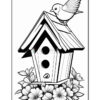 A black and white drawing of a birdhouse with a small bird perched on the roof, surrounded by blooming flowers at the base.