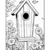 A black and white illustration of a birdhouse surrounded by various flowers and two small birds, suitable for coloring.
