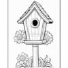 A black and white illustration of a birdhouse with a pointed roof, perched on a post. The birdhouse features a circular opening and is surrounded by large sunflowers and grassy elements.