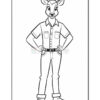 A cartoon deer character standing upright with hands on hips, wearing a button-up shirt with two pockets, jeans, and boots, in a black and white coloring page style.