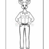 A cartoon deer character standing upright, wearing a button-up shirt and jeans, with antlers on its head and hands on hips, in a black and white outline style suitable for coloring.