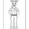A cartoon deer character wearing a short-sleeve shirt with pockets and pants, standing with hands on hips in a confident pose. The illustration is in black and white, designed for coloring.