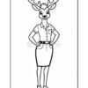 A cartoon deer character standing confidently with hands on hips, wearing a collared shirt and a pencil skirt, with antlers visible on its head.