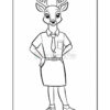A cartoon deer character standing with one hand on its hip, wearing a shirt, tie, and skirt, with a confident expression. The image is outlined for coloring.