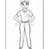 A cartoon-style line drawing of a young boy wearing a cap, a short-sleeved shirt with a pocket, and pants, standing with his hands on his hips and smiling.