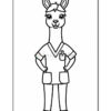 A cartoon llama character wearing scrubs and standing with hands on hips, featuring a friendly expression, in a line-art style with a plain background.