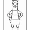 A cartoon llama stands with hands on hips, wearing a shirt and an apron, against a simple white background. The llama has large ears and a friendly expression.