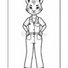 A cartoon cat character wearing a doctor's outfit, with a stethoscope around its neck, standing confidently with hands on hips. The character is drawn in a black and white outline style, suitable for coloring.