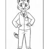 A cartoon-style character with a lynx head, wearing a lab coat and standing confidently with hands on hips, featuring a pocket with a pen and keychain, and stylish shoes. The character's tail is visible, enhancing its animal features in a coloring page format.