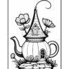 A whimsical teapot shaped like a house, featuring a conical roof and a door, surrounded by flowers and greenery, with a rocky pathway in the foreground.