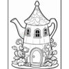 A whimsical teapot-shaped house with a pointed roof, two windows, and a door at the base, surrounded by various flowers and plants at its base, depicted in a black and white outline style.