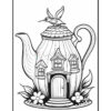 A whimsical teapot shaped like a house with a small bird on top, featuring windows and a door. Surrounding the teapot are stylized flowers and leaves.