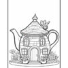 A line art illustration of a whimsical teapot-shaped house surrounded by flowers. The teapot features a pointed roof with shingles, windows, and a front door, with a butterfly perched on top.