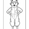 A cartoon wolf character wearing a hat and overalls, standing with hands on hips, featuring a friendly expression and a simplistic design, suitable for coloring activities.