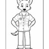 A cartoon fox character wearing a short-sleeved button-up shirt with a flower design and pants, standing with hands on hips and smiling.