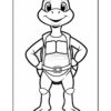 A cartoon turtle character standing confidently with hands on hips, wearing a simple belt and a casual outfit, outlined in black for coloring.