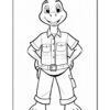 A cartoon turtle character standing confidently, wearing a short-sleeve shirt with two pockets and belt, shorts, and smiling, ready for a coloring activity.