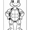 A cartoon turtle character standing upright, smiling broadly, with an armored shell and human-like arms and legs. The design is in black and white, suitable for coloring.