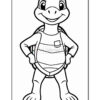 A cartoon turtle character standing confidently with hands on hips, wearing a striped shirt and a backpack, illustrated in black and white for coloring.