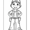 A cartoon character with a smiling expression, wearing a cap and a work outfit, standing confidently with hands on hips. The character has a rounded face and is portrayed in a coloring book style, featuring simple outlines and no color.