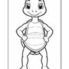 A cartoon turtle character standing confidently with hands on hips, featuring a smiling face, large expressive eyes, and a shell with horizontal lines, created in a coloring book style.