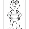 A cartoon turtle character with large round glasses, smiling and standing with arms akimbo, wearing a striped shirt and a backpack.