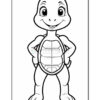 A cartoon turtle character stands confidently with hands on its hips, displaying a smiling face, large expressive eyes, and a patterned shell, outlined in black for coloring.