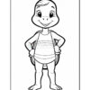 A cartoon turtle character with a happy expression, standing confidently with hands on hips. The turtle has a smooth shell and is wearing a striped shirt, depicted in a black and white outline style suitable for coloring.
