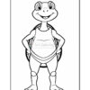 A cartoon turtle character standing upright with a smile, wearing a sleeveless top and sporting a shell on its back, with arms akimbo.