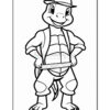 A cartoon turtle standing confidently with a hat, wearing a vest and a belt. The turtle has a friendly expression and prominent features, including a rounded shell and large eyes, depicted in a coloring page style.