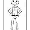 A cartoon turtle character standing confidently with hands on hips. It has a friendly smile, wearing a button-up shirt with two pockets and a belt, along with trousers and a backpack. The image is in black and white, designed for coloring.