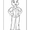 A cartoon character with a big smile, wearing a cap and a button-up shirt with two pockets, standing confidently with hands on hips, dressed in casual pants.