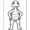 A cartoon turtle character standing upright with a wide smile, hands on hips, and a patterned shell, set against a plain white background.