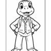 A cartoon turtle wearing a tuxedo and bow tie, standing with hands on hips and a big smile, drawn in a simple black and white outline style, suitable for coloring.