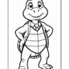 A cartoon turtle character standing confidently with a smile, wearing a suit and tie, featuring a rounded shell and large expressive eyes, set against a simple white background.