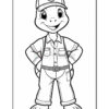 A cartoon turtle character standing confidently with a friendly smile, wearing a cap and a buttoned shirt with pockets, along with pants and a belt. The image is in black and white and designed for coloring.