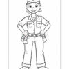 A cartoon character wearing a cap and a button-up shirt with pockets, standing confidently with hands on hips. The character is depicted in a coloring book style with an outline only, featuring rolled-up sleeves and trousers with a belt and tools attached, set against a simple background.